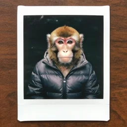 a polaroid shot of a monkey wearing a puffer jacket