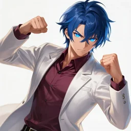 Tall anime guy with glowy blue eyes, highly detailed angry anime face, blue hair wearing bordeaux shirt and white elegant jacket drawn, in a fighting stance, digital painting, artstation, concept art, soft light, hdri, smooth, sharp focus, illustration, art by tian zi and craig mullins and WLOP and alphonse mucha, MIHOYO STYLE, visual novel sprite, character design