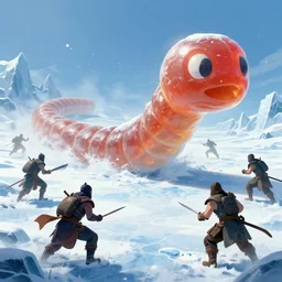 a giant jello worm attacks warriors in a icy desert, ice, snow, cold, by the tony sart, artstation