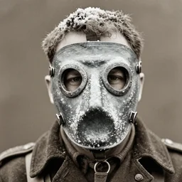portrait of man with extreme cold weather mask, ww1 photo, grainy, high detail, high resolution,