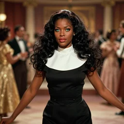 the image is a lost hollywood film still 1 9 9 0 s photograph of a guardian priestess black woman with dark brown skin, long, swirling black hair, and jade colored eyes, dancing in a ballroom. vibrant cinematography, anamorphic lenses, crisp, detailed image in 4 k resolution.