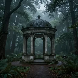 neoclassical gazebo  in the middle of an ancient forest, ominous Sky, gloomy atmosphere, cinematic, mist, High definition, 8k, ultra detailed