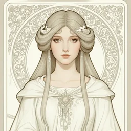 masterpiece head-on symmetrical centered bust-view portrait, Maya Ali as D&D sorcerer, Art Nouveau illustration, wizard robe, delicate, elegant, tarot card background, in the style of ROSSDRAWS and Jesper Ejsing and Mikaloius Konstantinas Ciurlionis and Ruan Jia and Ross Tran and Alphonse Mucha and Ayami Kojima and Charlie Bowater and Karol Bak and Jean Delville, rich bright colours
