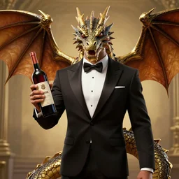an dragon man wearing tuxedo holding a wine bottle portrait, style by borderlands 3, elegant, hyper realistic, award winning, 8 k, behance, artstation, unreal engine 5, octane render, masterpiece, sharp focus, intricate, ornate
