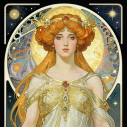 an art nouveau portrait of the powerful empress of the solar system in the style of anna dittmann and in the style of kim jung gi. glowing, ornate and intricate linework, stunning, dynamic lighting, ultrafine and hyperdetailed.