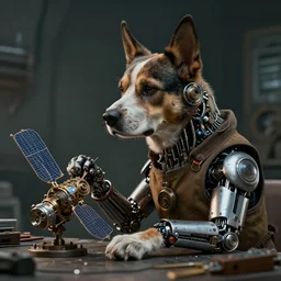 a rugged engineer dog with cybernetic enhancements working assembling a satellite, scifi character portrait by greg rutkowski, esuthio, craig mullins, 1 / 4 headshot, cinematic lighting, dystopian scifi gear, gloomy, profile picture, mechanical, half robot, implants, steampunk
