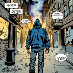 watchman universe, dave in blue hoodie walking down street, buildings turning to smoke, comic page