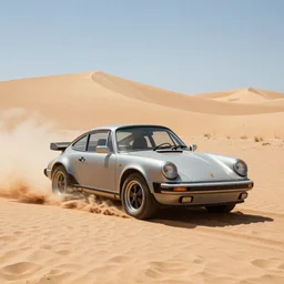 a picture of a Porsche 911 safari escaping a sandworm in the dunes of arrakis, realistic