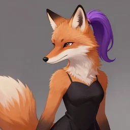 a woman with very short fur all over her that is light orange and has black 🦊 ears, and a 🦊 snout, she has purple hair tied up in to a ponytail, and is wearing a black dress. shaded artwork, furry art, fur - affinity, deviant art