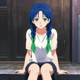ugly anime girl sitting on a street, braids blue and green, singular, junichi higashi, isamu imakake, intricate, balance, full far frontal portrait, volumetric lighting, cinematic lighting, masterpiece