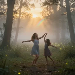 misty swamp, hazy fog, sundown golden hour, early morning dance, smile, fireflies and sparkling wisps, rainbow sun rays through trees, Lilia Alvarado, Sophie Anderson, Mark Arian, Bob Byerley, Charlie Bowater, Mark Brooks, Steve Henderson, Justin Gerard, Arthur Hughes, Edward Robert Hughes, Mark Keathley, Victor Nizovtsev, Carlos Shwabe, Ross Tran, WLOP