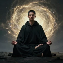 a man wearing a black cloak, meditating, become one with the universe
