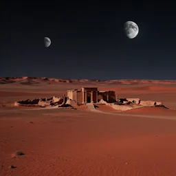 ruins of an ancient city on mars late at night, view from high, stars, two moons, red martian dunes, night, dark, photorealistic