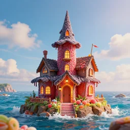 a witches house made out of realistic candy on the ocean, epic scene, fantasy, redshift render, cgi, hyper - detailed, photo - bash, 8 k post - production, masterpiece