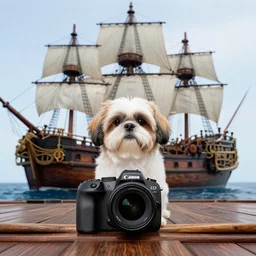 a shih tzu on a pirate ship, canon eos r 3, f / 1. 4, iso 2 0 0, 1 / 1 6 0 s, 8 k, raw, unedited, symmetrical balance, in - frame