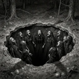 Souls screaming out of a wide hole in the ground, eerie, artwork by Beksiński
