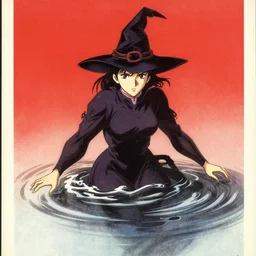 glossy old advertising poster of a witch being drowned, drawn comic by junji ito, pastels, gradient, red,