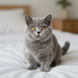 a tiny cute gray cat with yellow eyes sitting on a bed