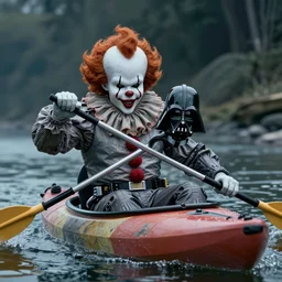 pennywise the clown fighting darth vader on a kayak, photo, hyperrealistic, star wars, it
