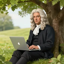 sir isaac newton sitting under a tree on a hill holding a macbook - pro and dressed like a trendy college student, a big crushed watermelon is lying on the ground next to him, fashion photography