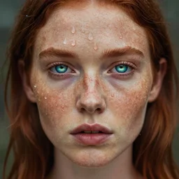 portrait of an ethereal ginger freckled woman with water droplets, hypnotic eyes, with rain drop patterns, closeup, by mary jane ansell