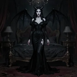 gorgeoustaissa farmiga evil demon, torn black dress, full body shot, spooky, illustration, symmetrical face realistic eyes, cinematic lighting, artgerm, hyperdetailed, charlie bowater, tom bagshaw, beautiful, elegant, dark bedroom