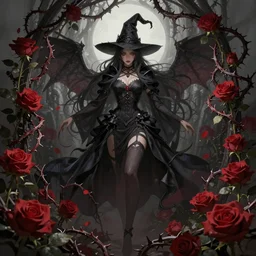 fantasy female dark witch surrounded by roses and thorns, wide angle view, highly detailed, qichao wang, artgerm, cushart krenz, zeronis, trending on artstation, soft light, sharp edges, illustration, character design, concept art