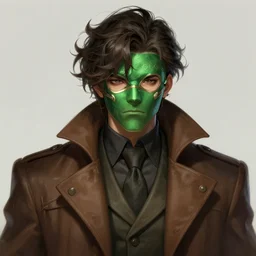 a highly detailed illustration of young thick wavy messy haired guy wearing green face mask and brown noir coat, dramatic bored expression, intricate, elegant, highly detailed, centered, digital painting, artstation, concept art, smooth, sharp focus, league of legends concept art, wlop