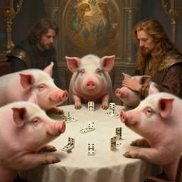 film still, several pigs sit at table playing domino, deep focus, d & d, fantasy, intricate, elegant, highly detailed, digital painting, artstation, concept art, matte, sharp focus, illustration, hearthstone, art by artgerm and greg rutkowski and alphonse mucha.