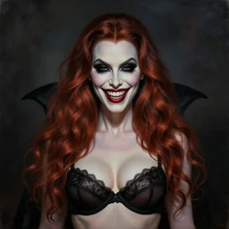 epic painting drawing, full portrait of a ghoulish vampire supermodel smiling maliciously in bras, long brown ( red ) wavy hair, photography by amy leibowitz, wlop, jeremy lipkin, beeple, intricate, symmetrical front portrait, artgerm, dark smoky background