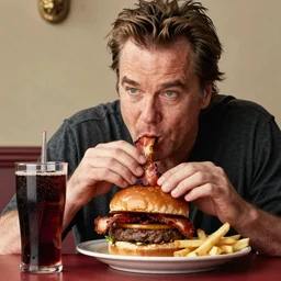 kevin bacon profile portrait eating bacon burger soda fries, award winning food photography