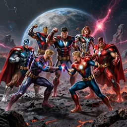 avengers fighting the justice league in a battle on a volcanic planet