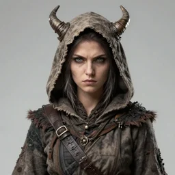 masterpiece portrait of a clothed hooded surly and resentful female tiefling thief with horns under the hood, by Greg Rutkowski and John Collier and Krenz Cushart and Artem Demura and Alphonse Mucha and Albert Aublet, as seen on ArtStation, 4k, dungeons and dragons, very aesthetic, very detailed, intricate, unreal, fantasy, dramatic, painterly, artstation, sharp focus, smooth