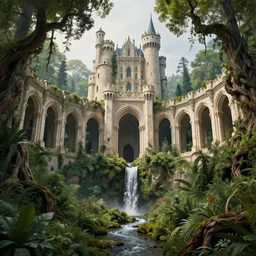 gigantic castle, arches adorned pillars, towers, archways, gnarly trees, lush vegetation, forrest,  a small stream runs beneath the waterfall, landscape, raphael lacoste, eddie mendoza, alex ross, concept art, matte painting, highly detailed, rule of thirds, dynamic lighting, cinematic, detailed, denoised, centerd