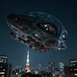 a huge alien spaceship floating over tokio at night, low angle shot, highly detailed, very intricate, volumetric lighting, concept art, by asher brown durand and eddie mendoza, octane render, featured on artstation, 8 k