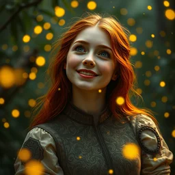 infp young woman, smiling amazed, golden fireflies lights, fully covered with an intricate detailed dress, amidst nature, long red hair, accurate linework, green eyes, small nose with freckles, oval shape face, realistic, expressive emotions, dramatic lights, hyper realistic ultrafine art by artemisia gentileschi, caravaggio, jessica rossier, boris vallejo