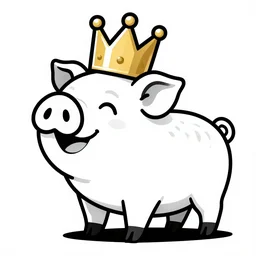side view of a smiling pig wearing a gold crown on it's head black and white illustration concept art in the style of Arthur Adams, full body 8k