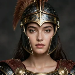 close - up portrait of beautiful young woman dressed gladiator with helmet and armor, art by helmut newton