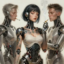 concept art by artgerm, female i robot attractive and tattooed smoking a cigarette, soft natural light, intricate, highly detailed, digital painting, artstation, concept art, smooth, sharp focus, illustration, art by greg rutkowski and luis rollo and uang guangjian and gil elvgren, symmetry!