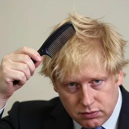 a photo Boris Johnson combing his hair with a comb, 8k, highly detailed photo