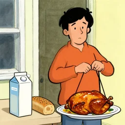 a dad coming back home with a carton of milk, pumpernickel bread, and rotisserie glazed chicken, in the style of alison bechdel