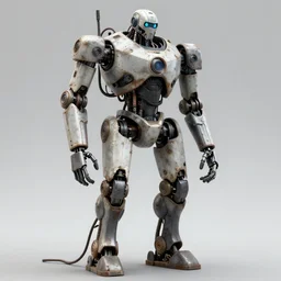 detailed, photorealistic degenerate robot ,full body, worn and torn, cables, worker