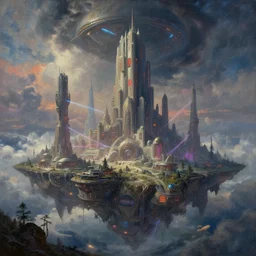 a beautiful detailed painting of structures building city by thomas cole, futuristic cosmic architecture island tundra vice city myst retro cgsociety laser fantasy fisheye at night reclaimed by nature cloudy atlantis elysian at dusk hyperrealism retrowave alien steampunk, archdaily, wallpaper, highly detailed, trending on artstation.