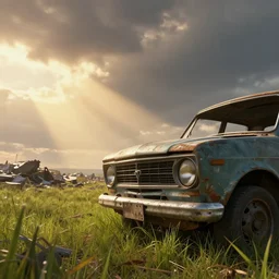 detailed, by jordan grimmer, macro, volumetric, macro, huge scene, cinematic view, godrays, concept art, warm lighting, beautiful, grass, trending on artstation, vivid, high detail, epic sky, abandoned old car close - up at a landfill, art greg rutkowski, low angle