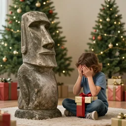 disappointed funereal kid after receiving a hyperrealistic giant moai statue for a christmas present. christmas tree as background. wide angle shot. render 5. octane render. highly detailed. trending on reddit. trending on kidsarefuckingstupid, trending on social media memes.