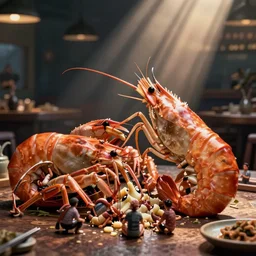 giant prawns eating small humans in a restaurant