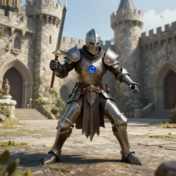 3 d render of demon's souls blue eye knight defending the castle courtyard, 3 d render, unreal engine, octane render, ray tracing, unity, highly detailed, high quality, hd, 4 k, 8 k, realistic, sharp, trending