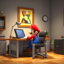 video game still of super mario sitting at a desk in an office in the new video game super mario office