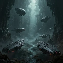 alien spaceships, dark fantasy, liminal space, dark paradise, digital art, 4 k
