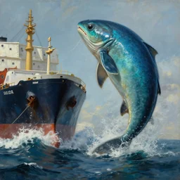 a mindblowing painting of a kelpie attacking cargo ships, 4 k uhd